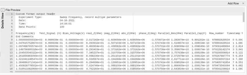 Customized Output Data Format for Impedance Sweeps